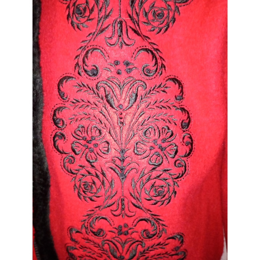 Vintage Red Wool Blend Embroidered Jacket Black Faux Fur Trim Beaded Floral Coat - Picture 7 of 11